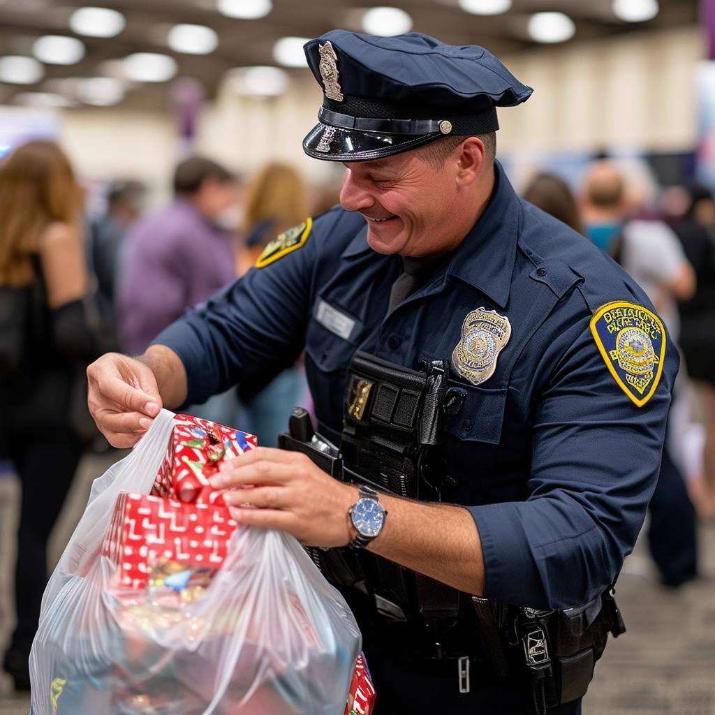 I need a photo of a police officer having fun reaching into a bag to pull out a surprise gift-1 I need a photo of a police officer having fun reaching into a bag to pull out a surprise gift-1